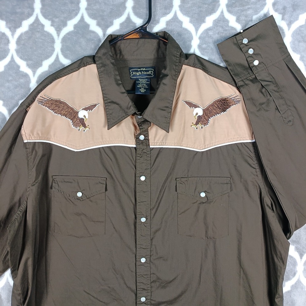High Noon Western Shirt Men Tan Brown Embroidered Eagle Pearl Snap